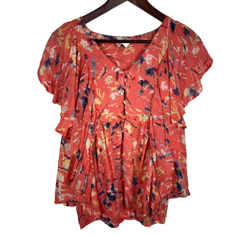 Haute Hippie Tribe Karen Flutter Sleeve Orange Button Front Top Women's Medium - Picture 2 of 6